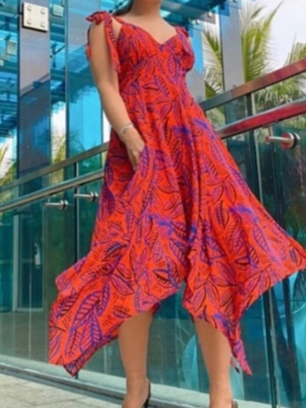 Alexis x Target Botanical Leaf Asymmetrical Tie Shoulder Dress Red Blue Sz S